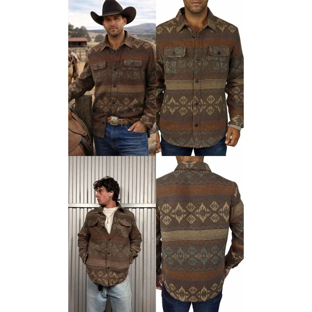 Jachs New York Mens Wool Blend Southwestern Shirt Jacket Brown Geometric Large - Picture 1 of 10